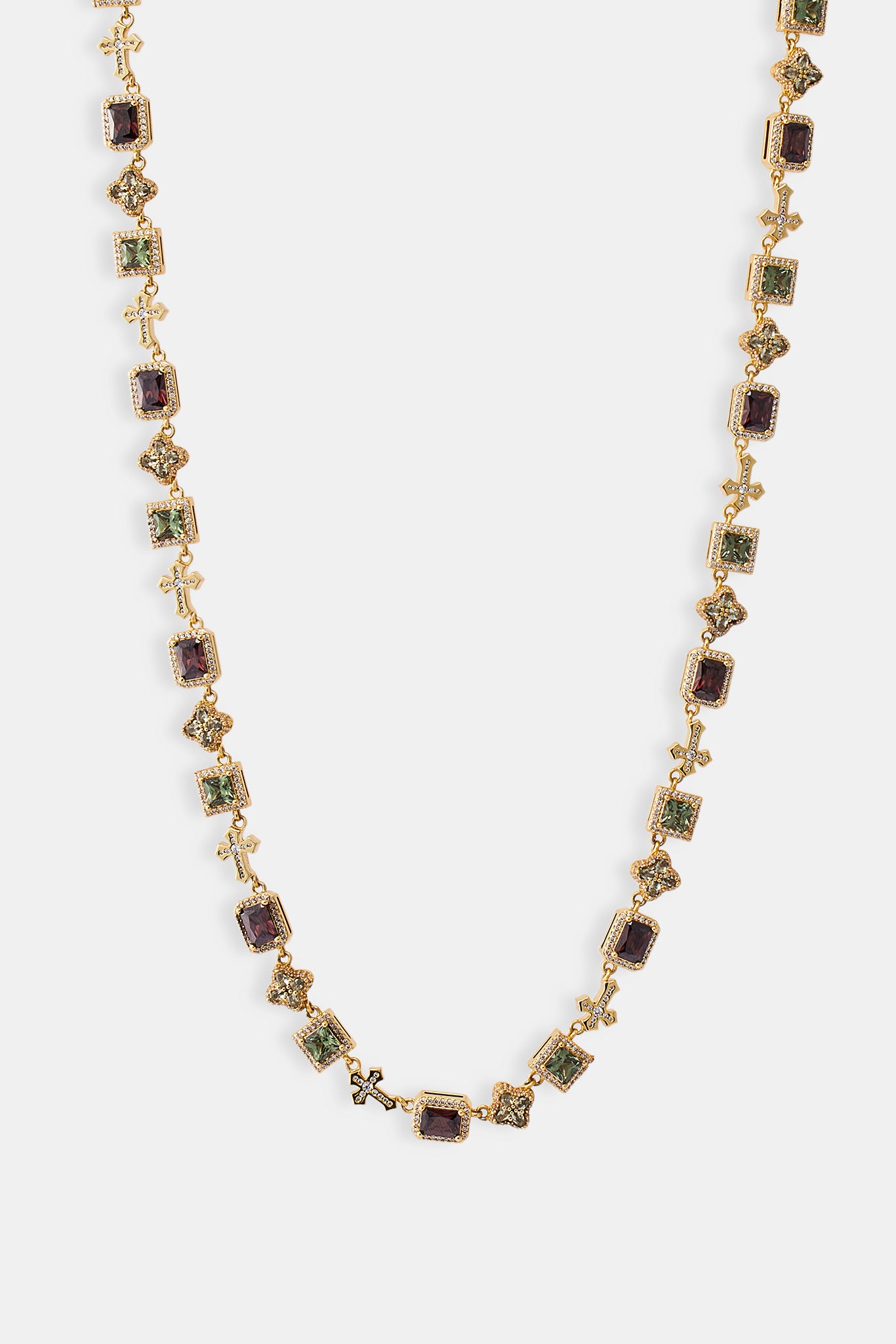 Kette mit Schokoladenmotiv und Kreuz, verziert mit mehreren Edelsteinen – 8 mm – Gold